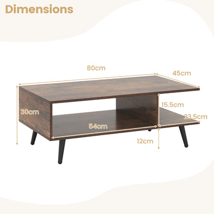 2-tier Coffee Table with 2 Open Shelves and Heavy-duty Metal Frame-Rustic Brown