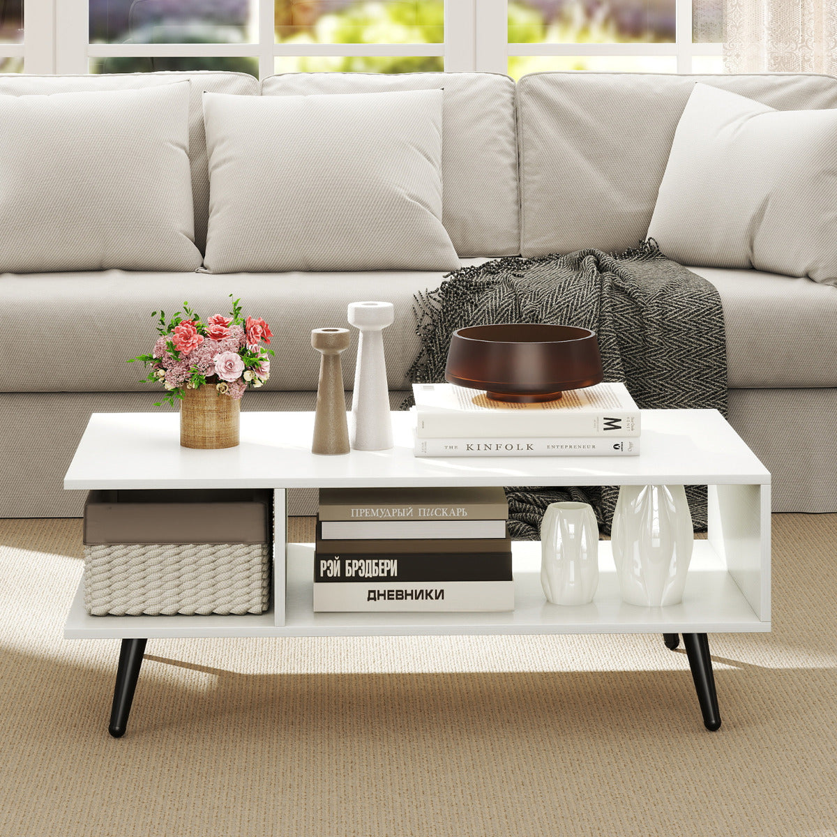 2-tier Coffee Table with 2 Open Shelves and Heavy-duty Metal Frame-White