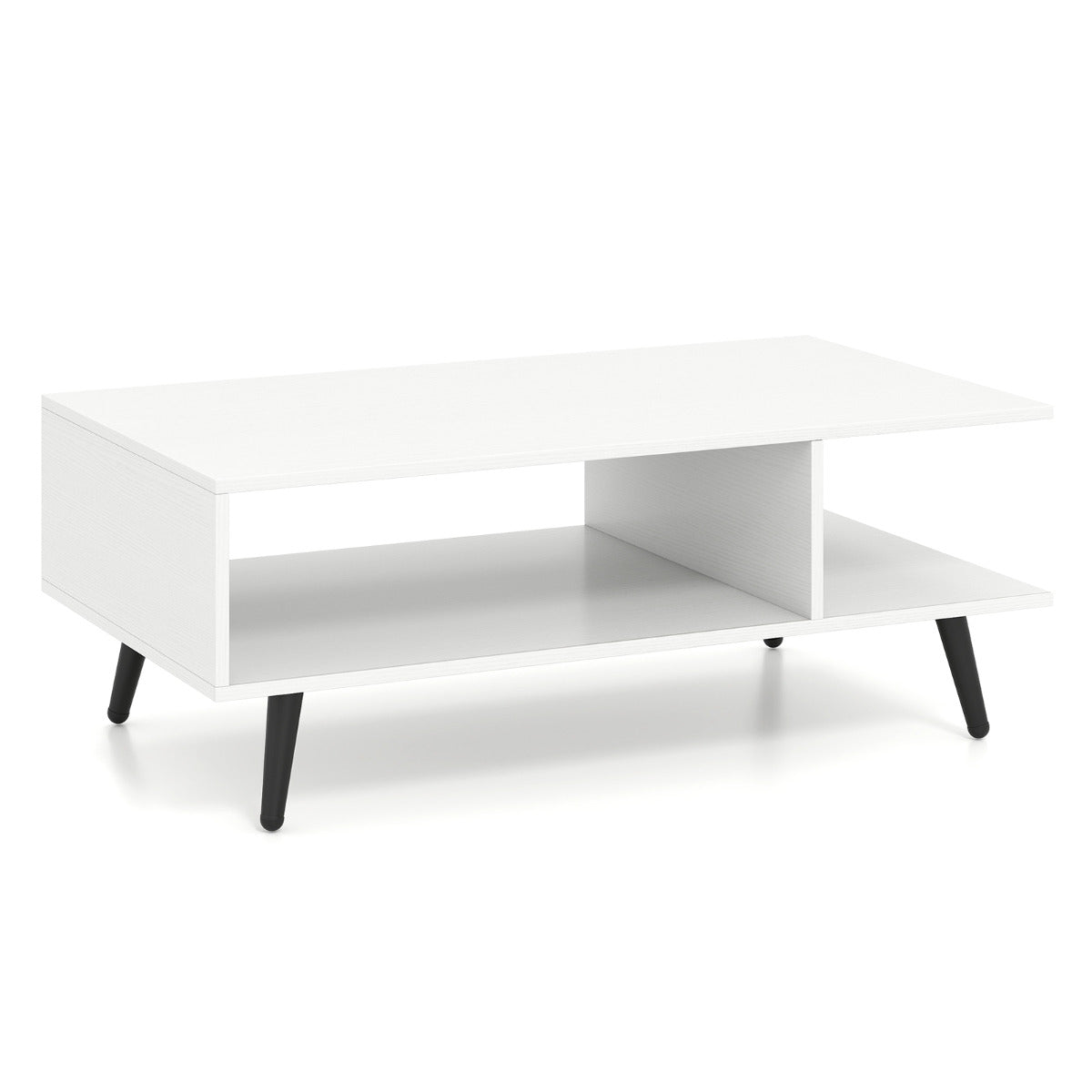 2-tier Coffee Table with 2 Open Shelves and Heavy-duty Metal Frame-White