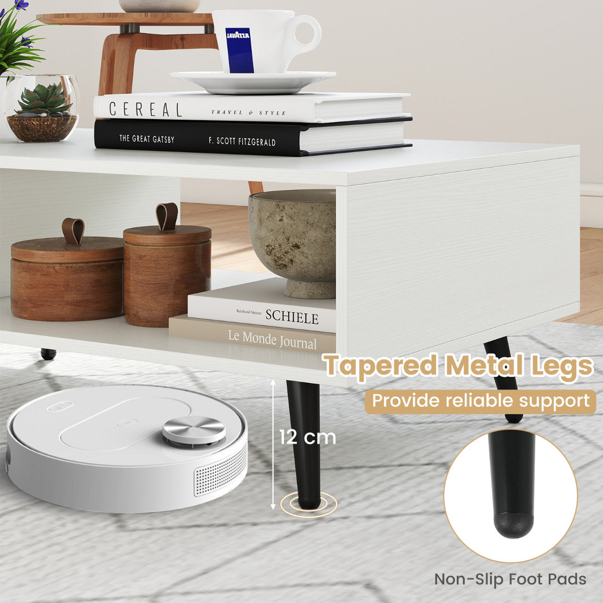 2-tier Coffee Table with 2 Open Shelves and Heavy-duty Metal Frame-White