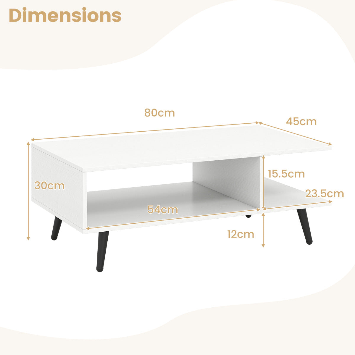 2-tier Coffee Table with 2 Open Shelves and Heavy-duty Metal Frame-White