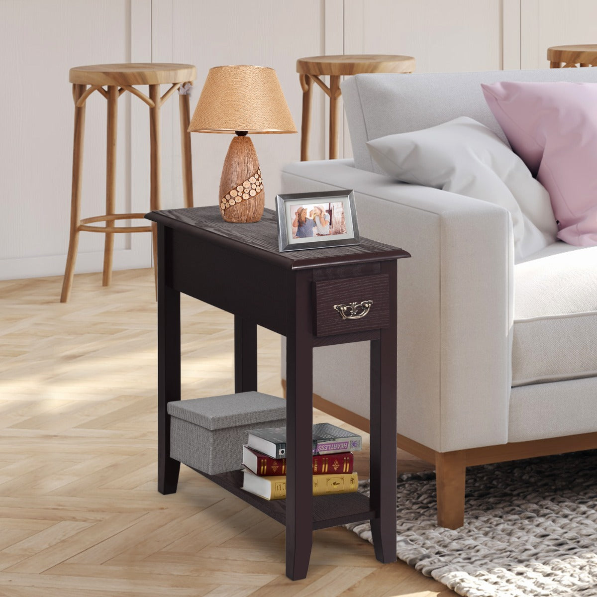 Costway 2 Tier End Table with Storage Drawer and Lower Shelf-Coffee