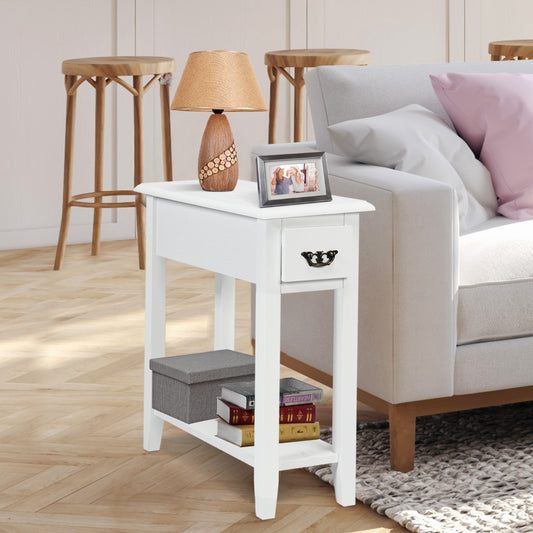 Costway 2 Tier End Table with Storage Drawer and Lower Shelf-White