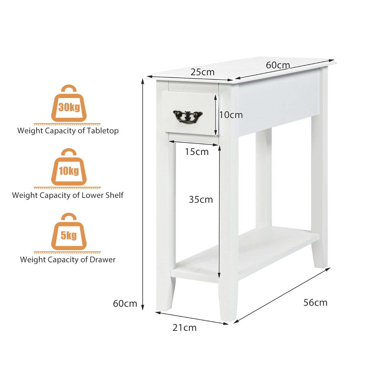 Costway 2 Tier End Table with Storage Drawer and Lower Shelf-White