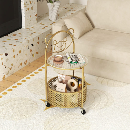 Costway 2-Tier Mobile Glass Coffee Table with Bear Pattern-Golden