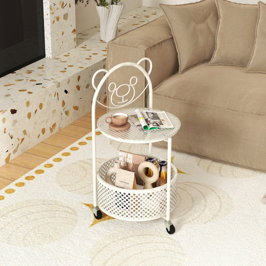 Costway 2-Tier Mobile Glass Coffee Table with Bear Pattern-White