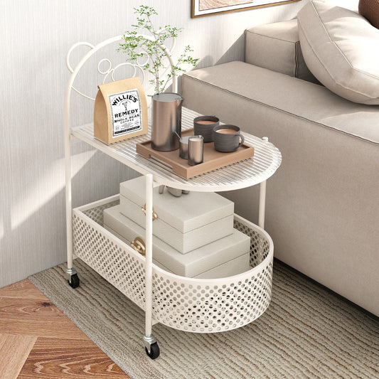 Costway 2-Tier Mobile Glass Coffee Table with Bear Pattern and Storage Basket-White