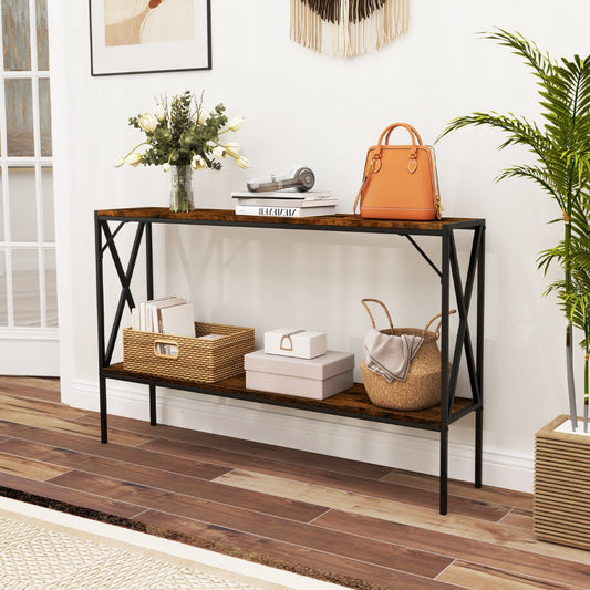 2-Tier Narrow Sofa Table Behind Couch with Open Storage Shelf-Brown