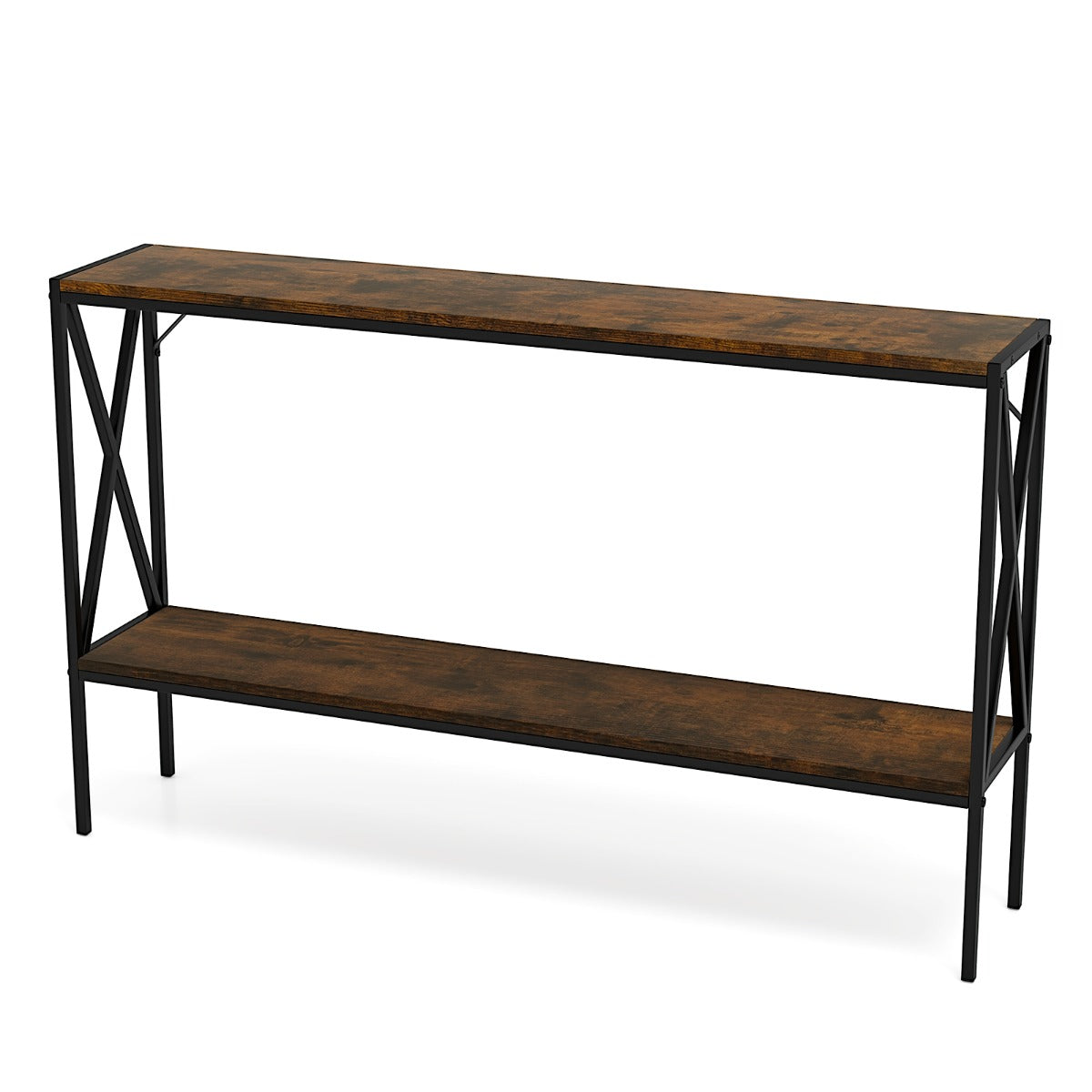 2-Tier Narrow Sofa Table Behind Couch with Open Storage Shelf-Brown