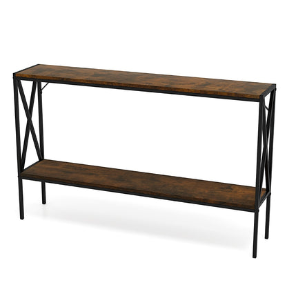 2-Tier Narrow Sofa Table Behind Couch with Open Storage Shelf-Brown