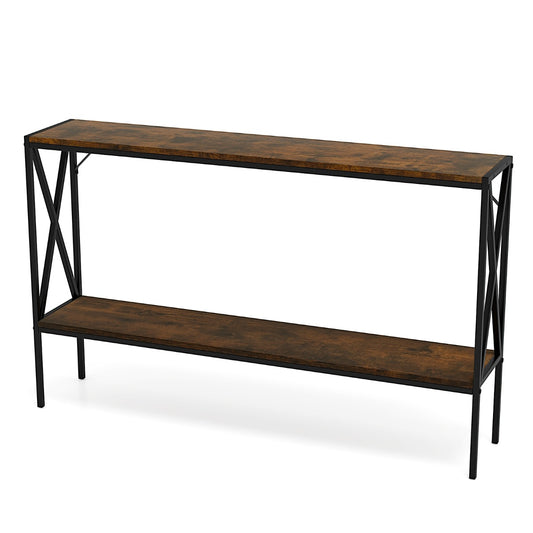 2-Tier Narrow Sofa Table Behind Couch with Open Storage Shelf-Brown