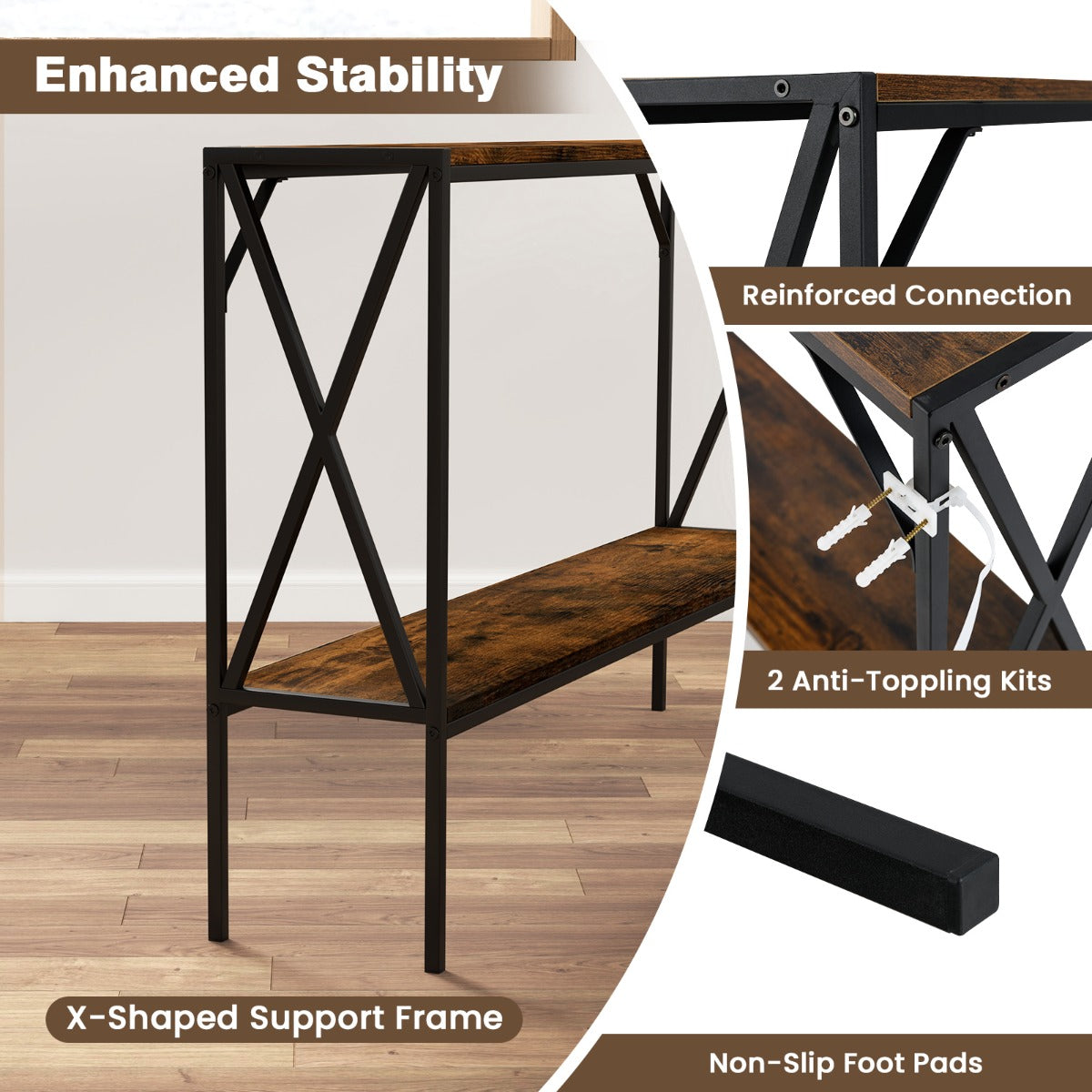 2-Tier Narrow Sofa Table Behind Couch with Open Storage Shelf-Brown