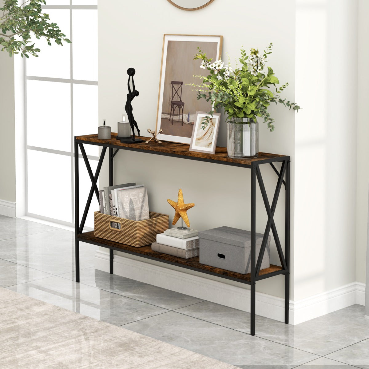 2-Tier Narrow Sofa Table Behind Couch with Open Storage Shelf-Brown
