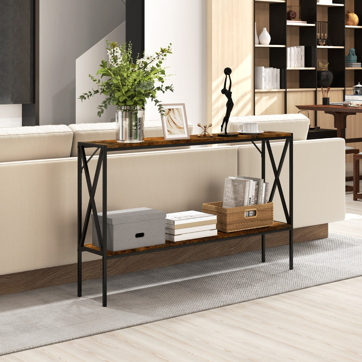 2-Tier Narrow Sofa Table Behind Couch with Open Storage Shelf-Brown