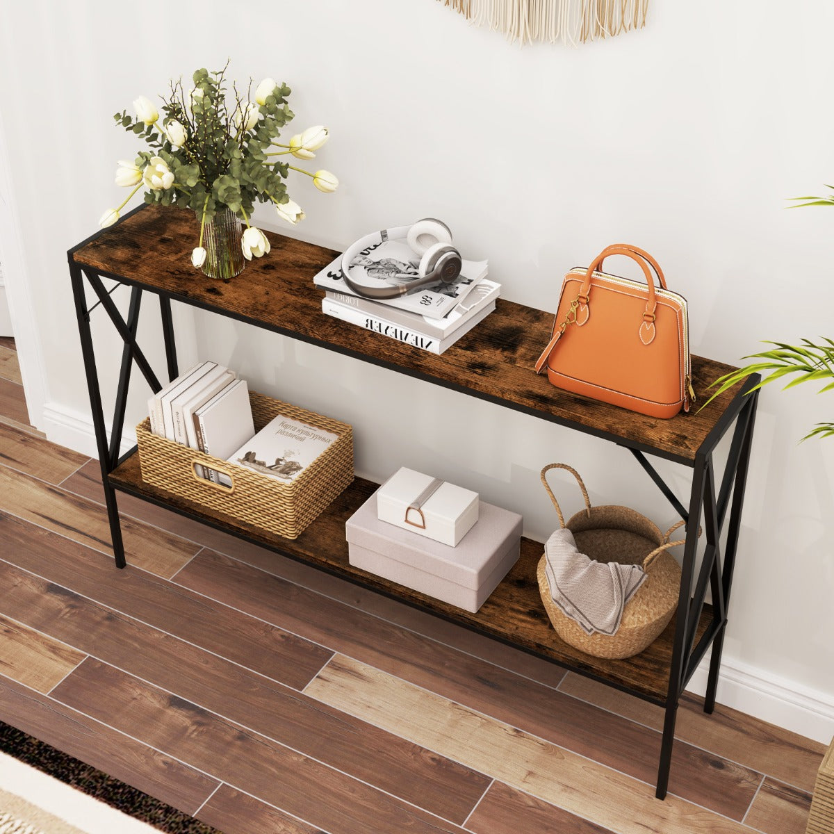 2-Tier Narrow Sofa Table Behind Couch with Open Storage Shelf-Brown