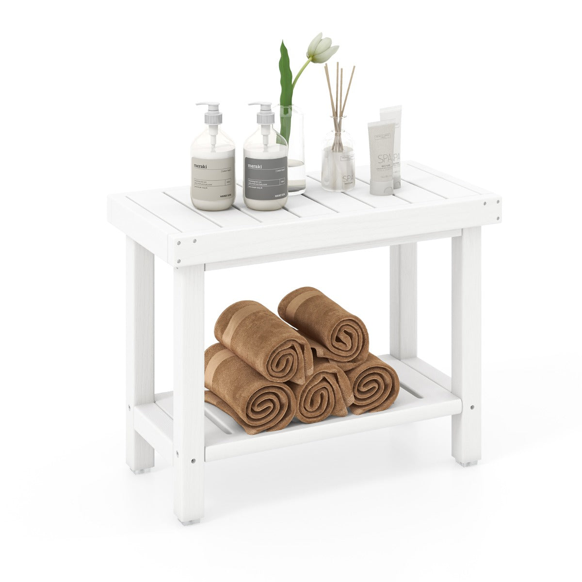 Costway 2-Tier Waterproof HDPE Shower Bench with Storage Shelf-White