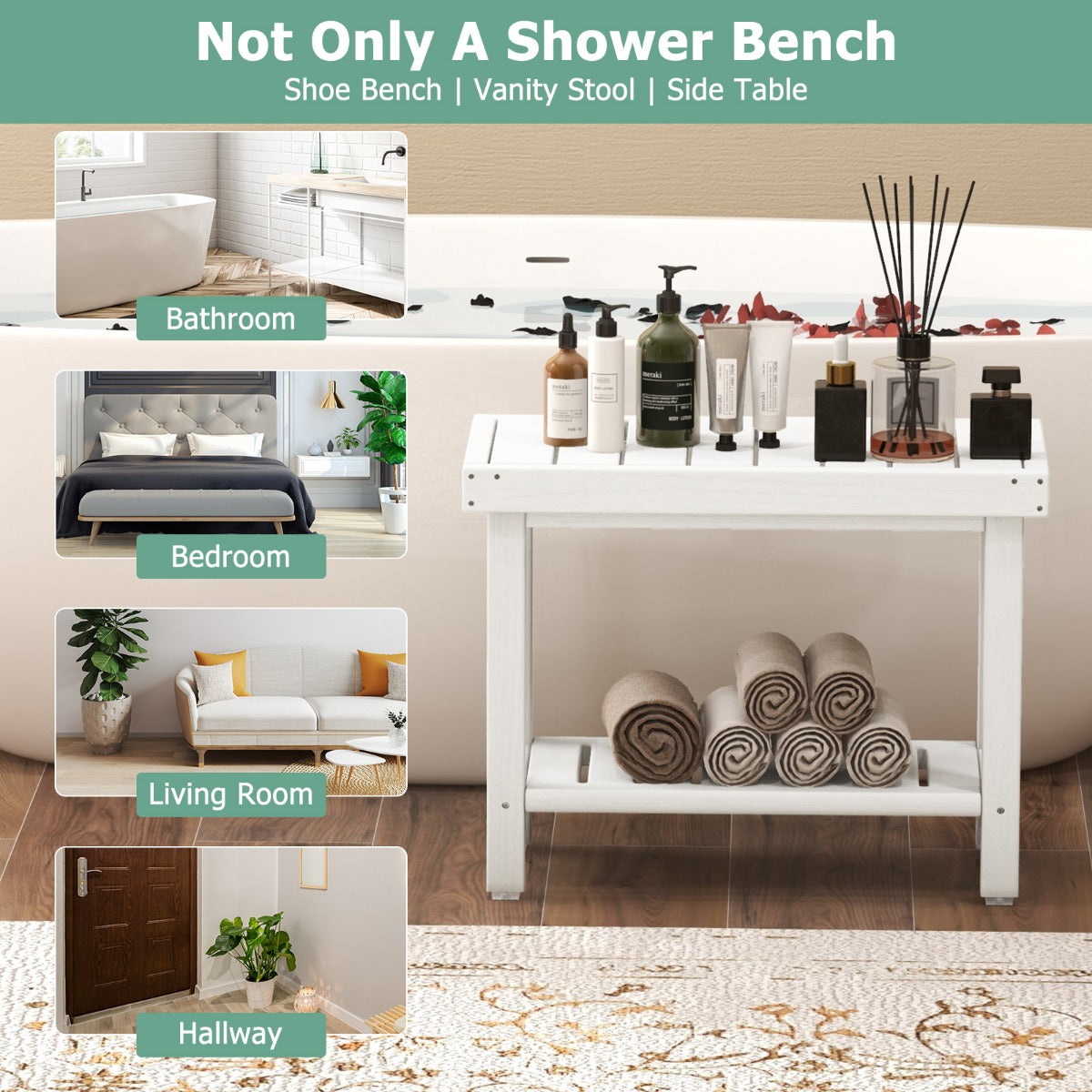 Costway 2-Tier Waterproof HDPE Shower Bench with Storage Shelf-White