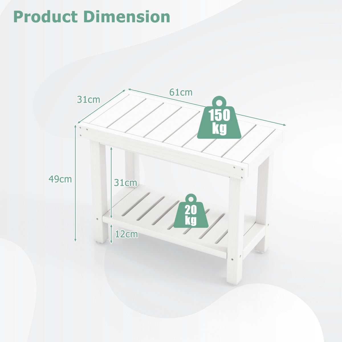 Costway 2-Tier Waterproof HDPE Shower Bench with Storage Shelf-White