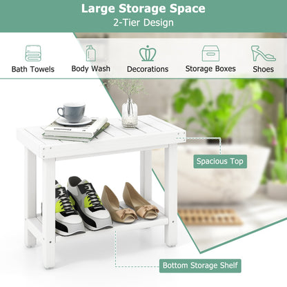 Costway 2-Tier Waterproof HDPE Shower Bench with Storage Shelf-White