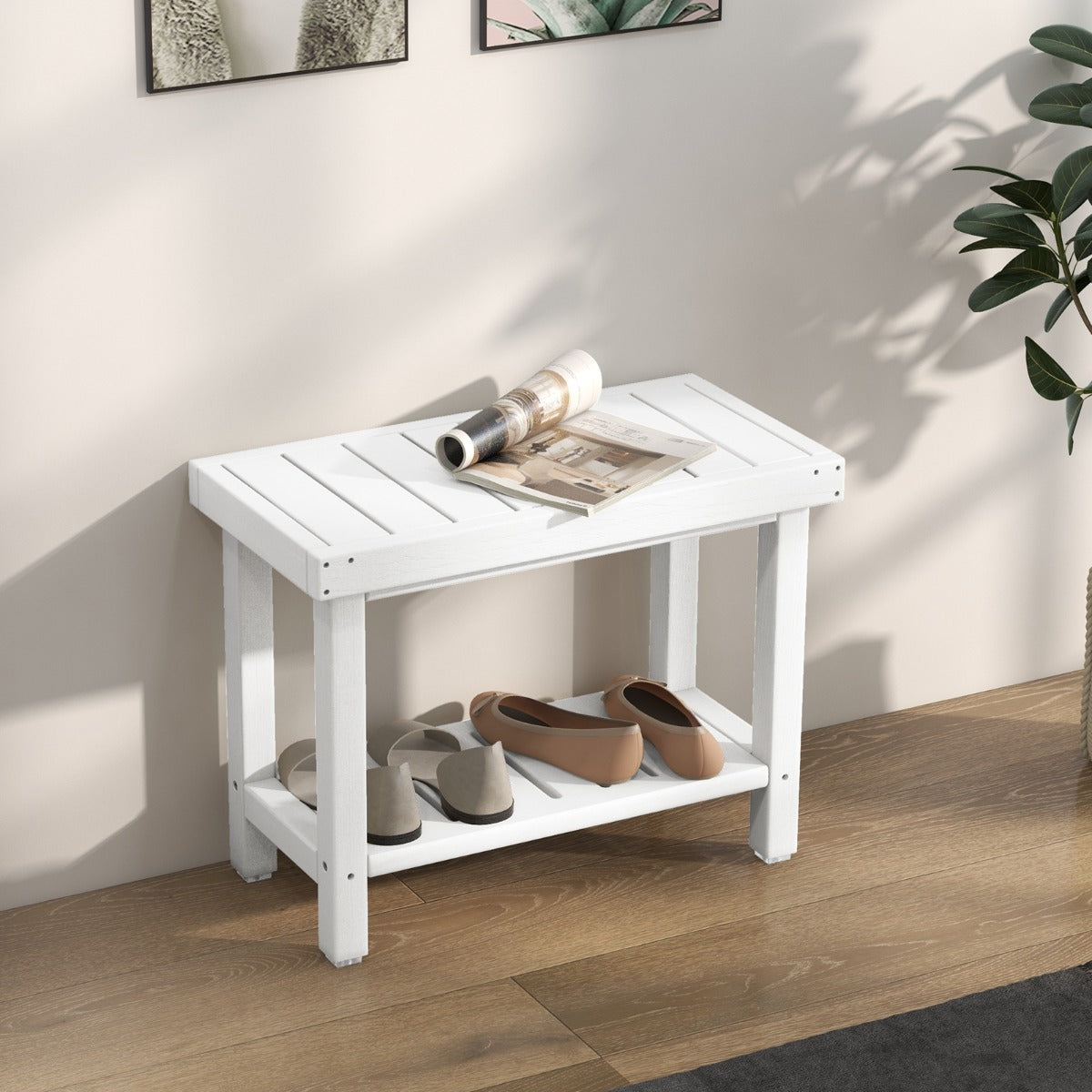 Costway 2-Tier Waterproof HDPE Shower Bench with Storage Shelf-White