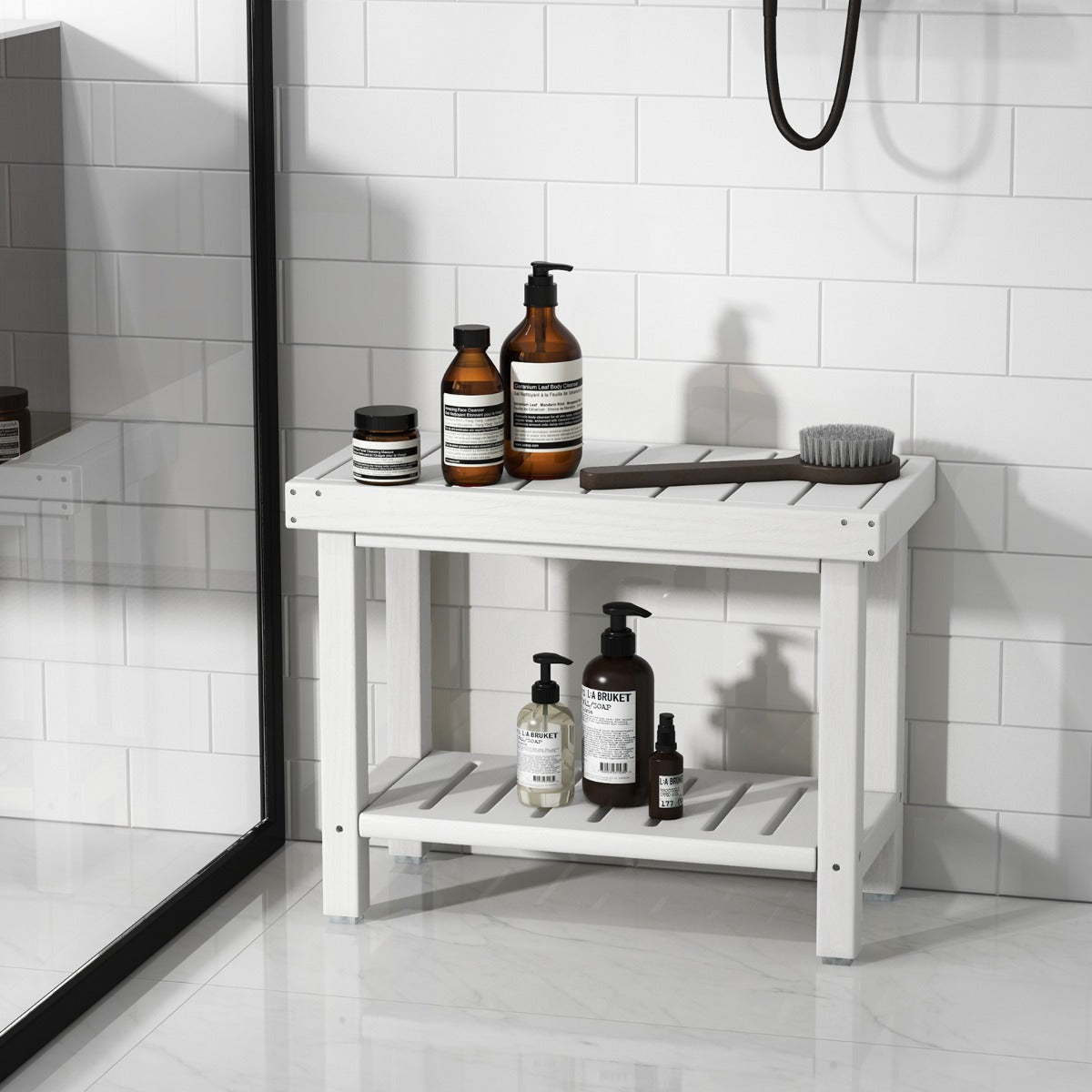 Costway 2-Tier Waterproof HDPE Shower Bench with Storage Shelf-White