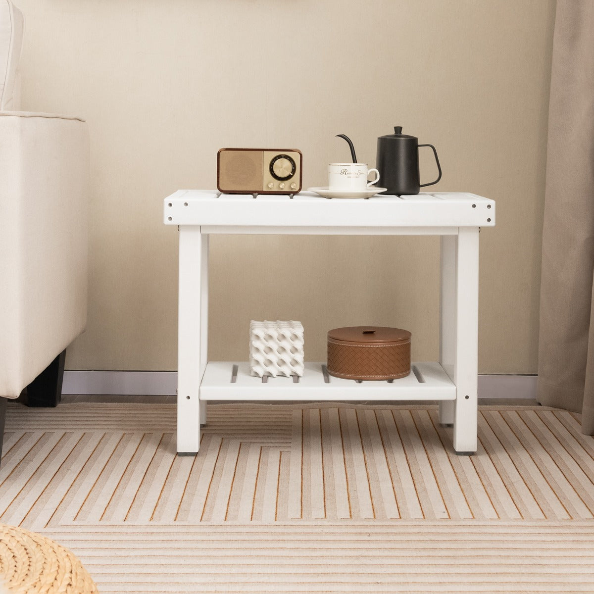 Costway 2-Tier Waterproof HDPE Shower Bench with Storage Shelf-White