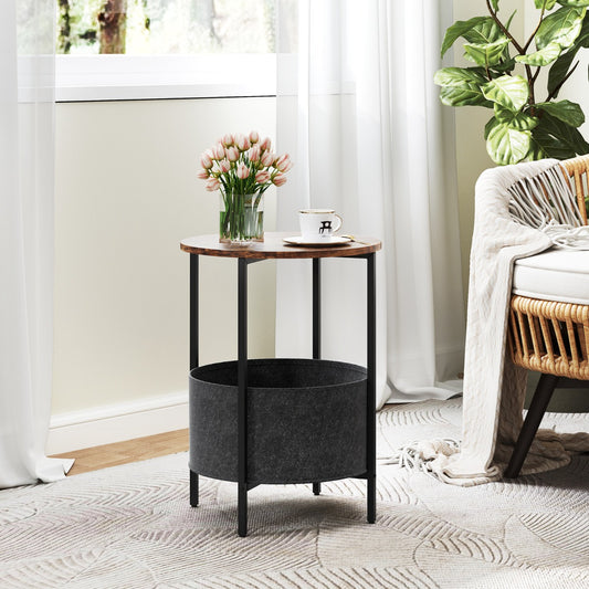 2-Tier Sofa Side Round End Table with Fabric Storage Basket-Rustic Brown