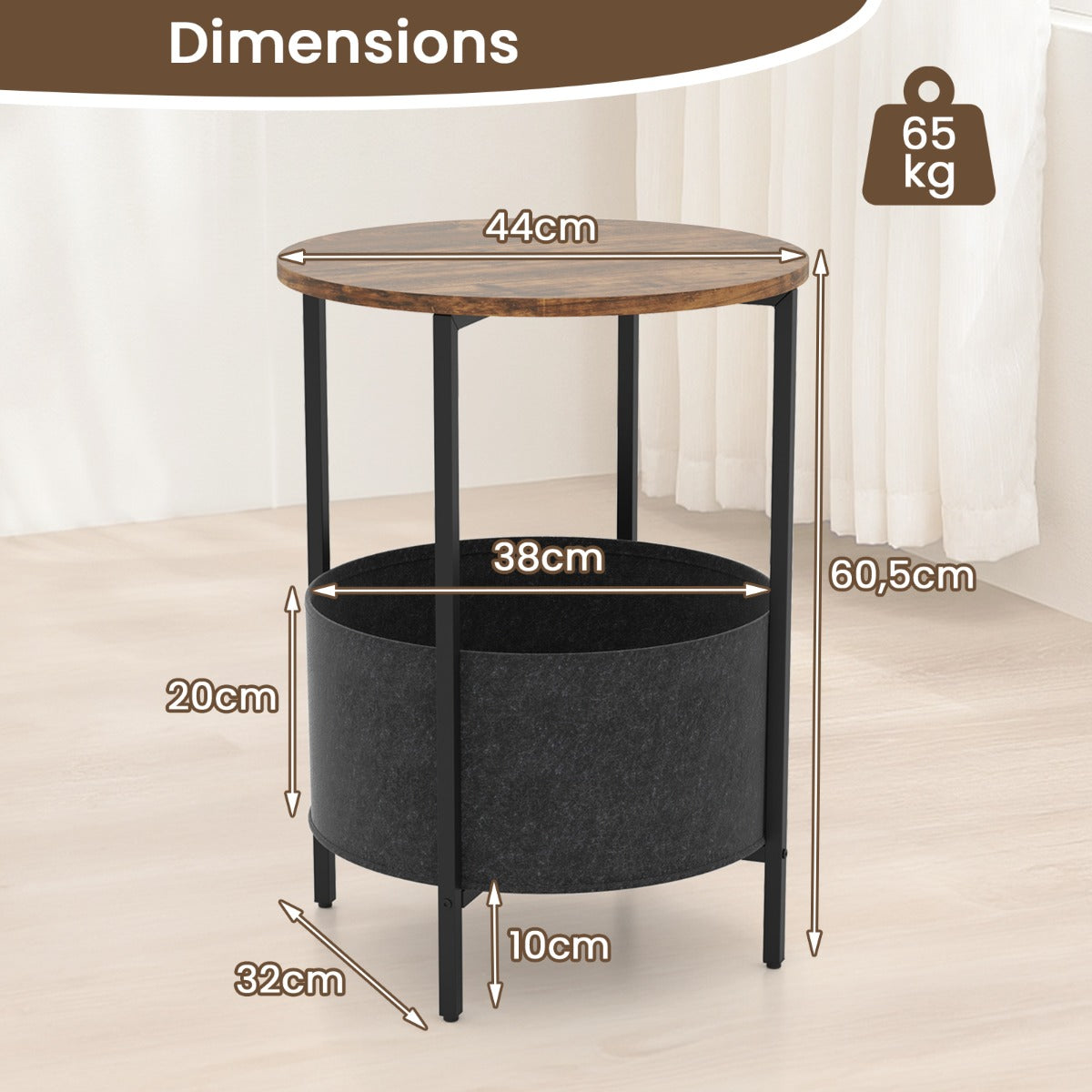 2-Tier Sofa Side Round End Table with Fabric Storage Basket-Rustic Brown