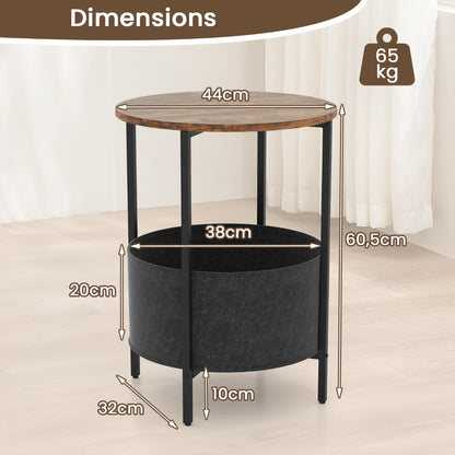 2-Tier Sofa Side Round End Table with Fabric Storage Basket-Rustic Brown