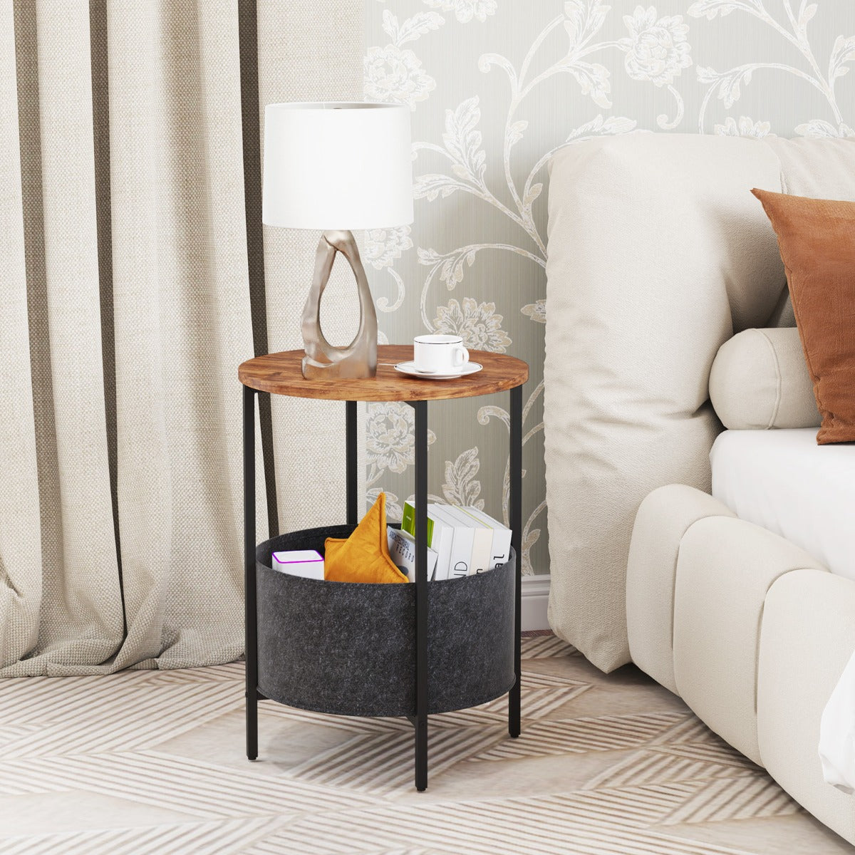 2-Tier Sofa Side Round End Table with Fabric Storage Basket-Rustic Brown