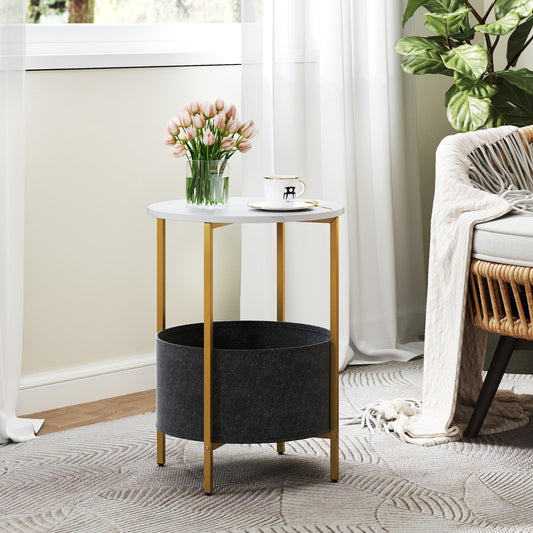 2-Tier Sofa Side Round End Table with Fabric Storage Basket-White
