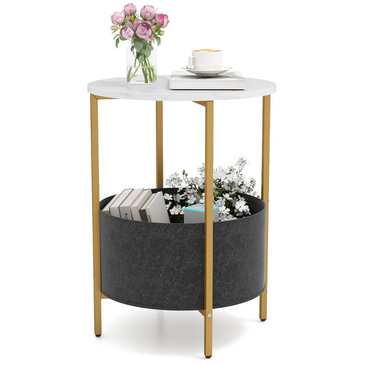 2-Tier Sofa Side Round End Table with Fabric Storage Basket-White