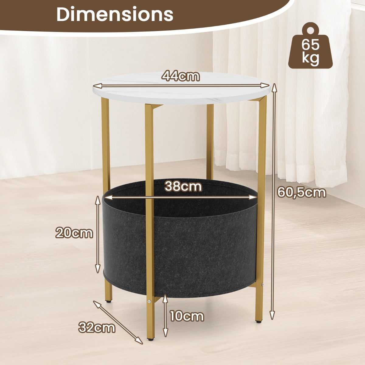 2-Tier Sofa Side Round End Table with Fabric Storage Basket-White