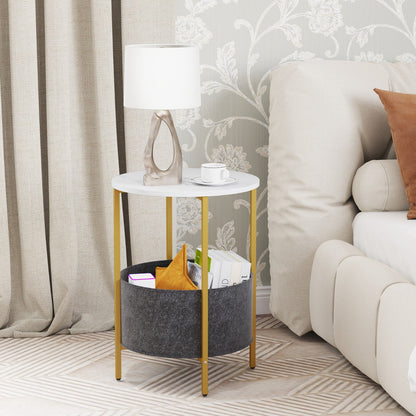 2-Tier Sofa Side Round End Table with Fabric Storage Basket-White