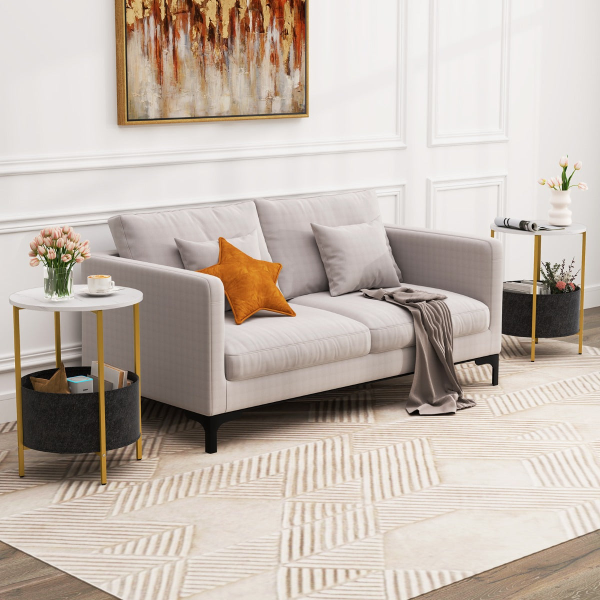 2-Tier Sofa Side Round End Table with Fabric Storage Basket-White
