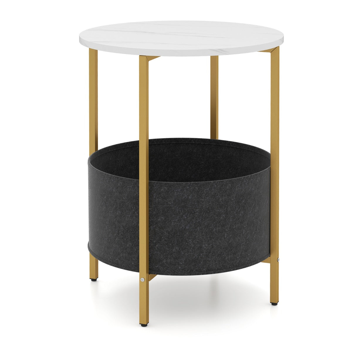 2-Tier Sofa Side Round End Table with Fabric Storage Basket-White