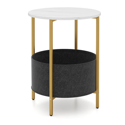 2-Tier Sofa Side Round End Table with Fabric Storage Basket-White