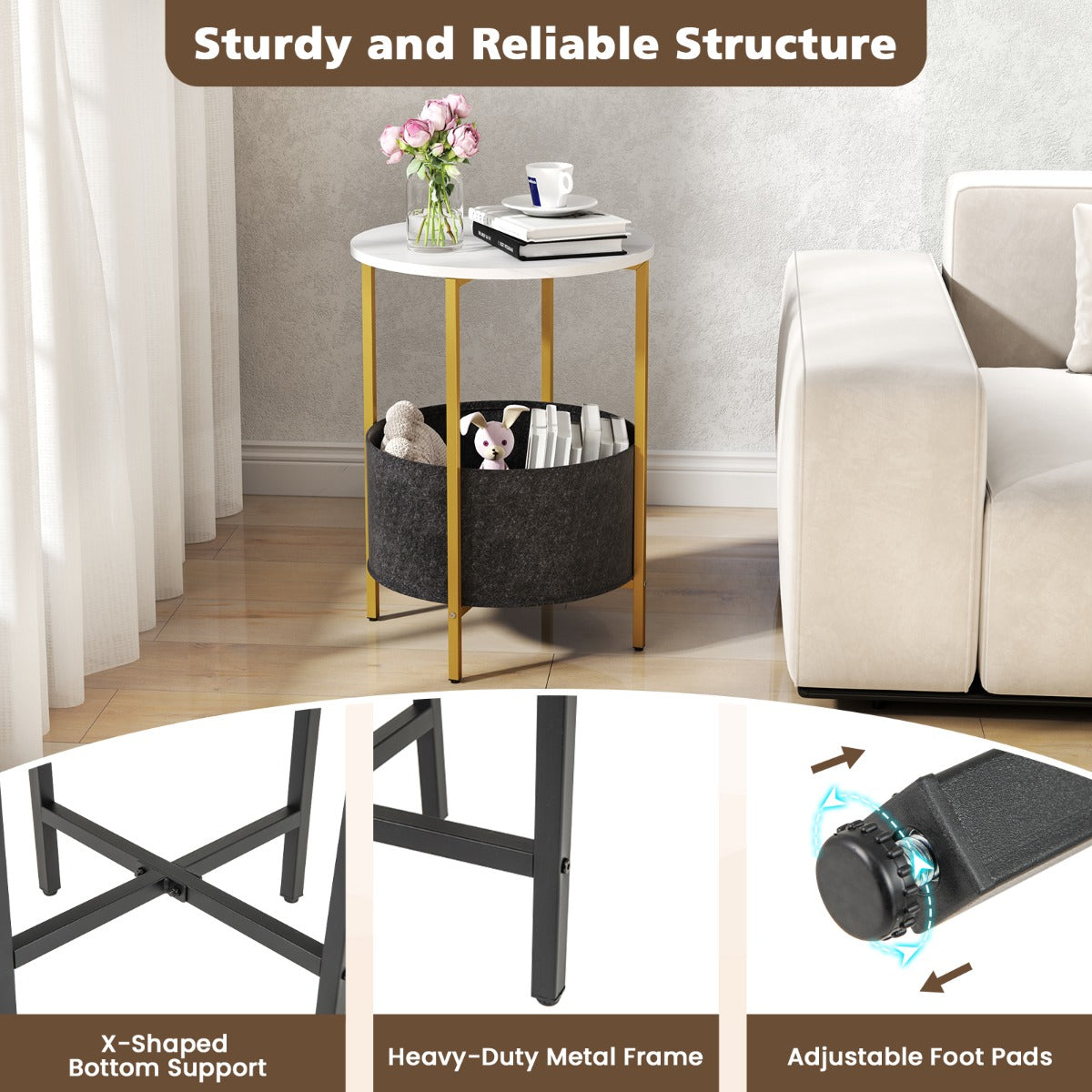 2-Tier Sofa Side Round End Table with Fabric Storage Basket-White