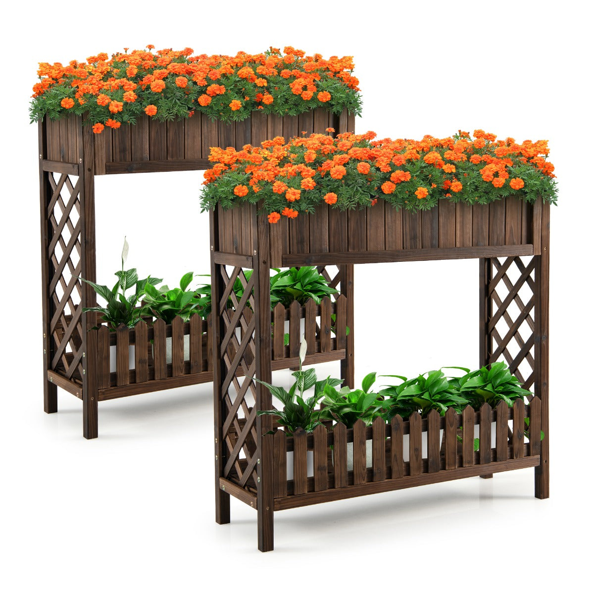 2 Pieces 2 Tier Wooden Raised Garden Bed Elevated Planter Bed
