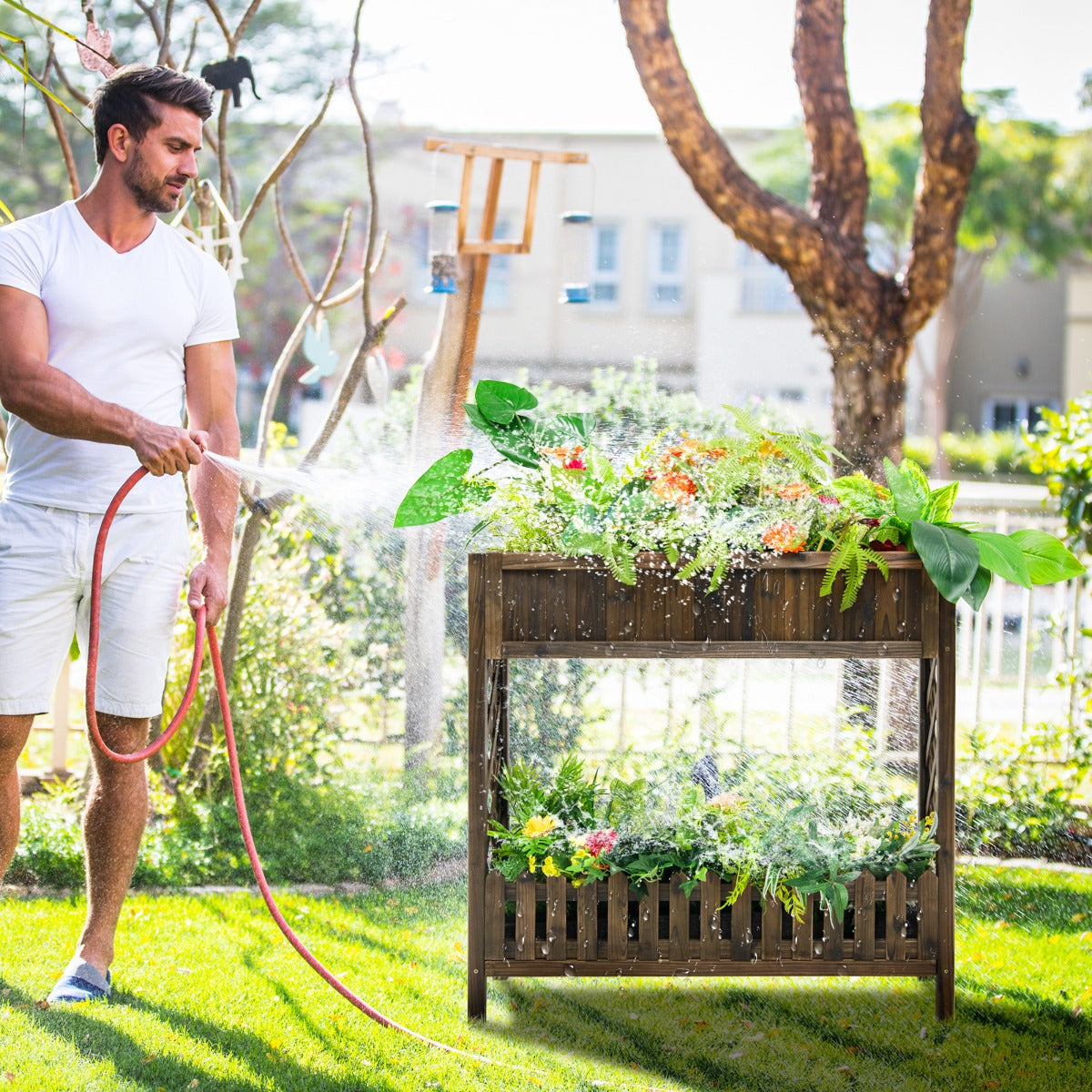 2 Pieces 2 Tier Wooden Raised Garden Bed Elevated Planter Bed