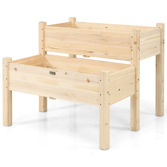 2 Tier Wooden Raised Garden Bed for Outdoor Planting-Natural