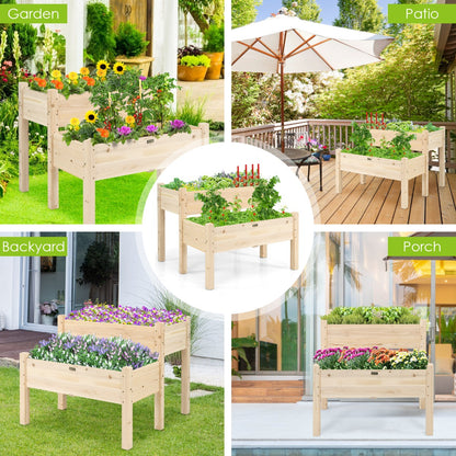 2 Tier Wooden Raised Garden Bed for Outdoor Planting-Natural