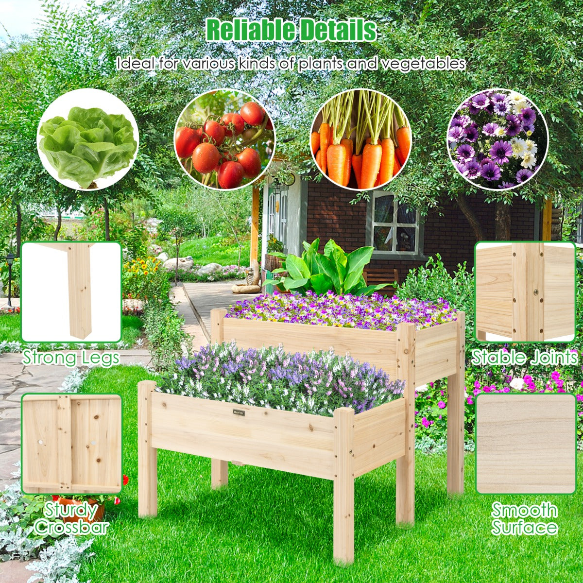 2 Tier Wooden Raised Garden Bed for Outdoor Planting-Natural