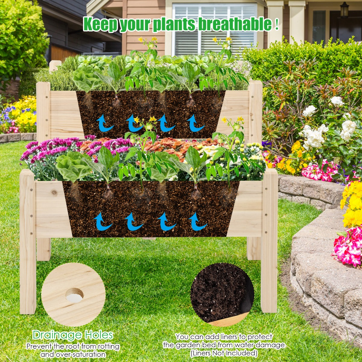 2 Tier Wooden Raised Garden Bed for Outdoor Planting-Natural