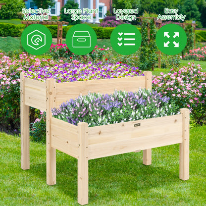 2 Tier Wooden Raised Garden Bed for Outdoor Planting-Natural