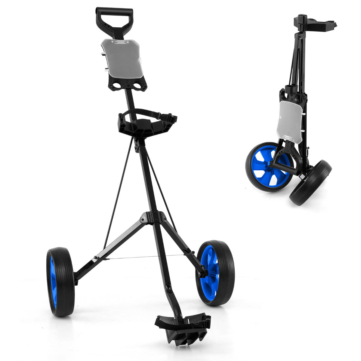 2 Wheel Golf Push Cart with Scorecard Holder and Elastic Strap-Blue