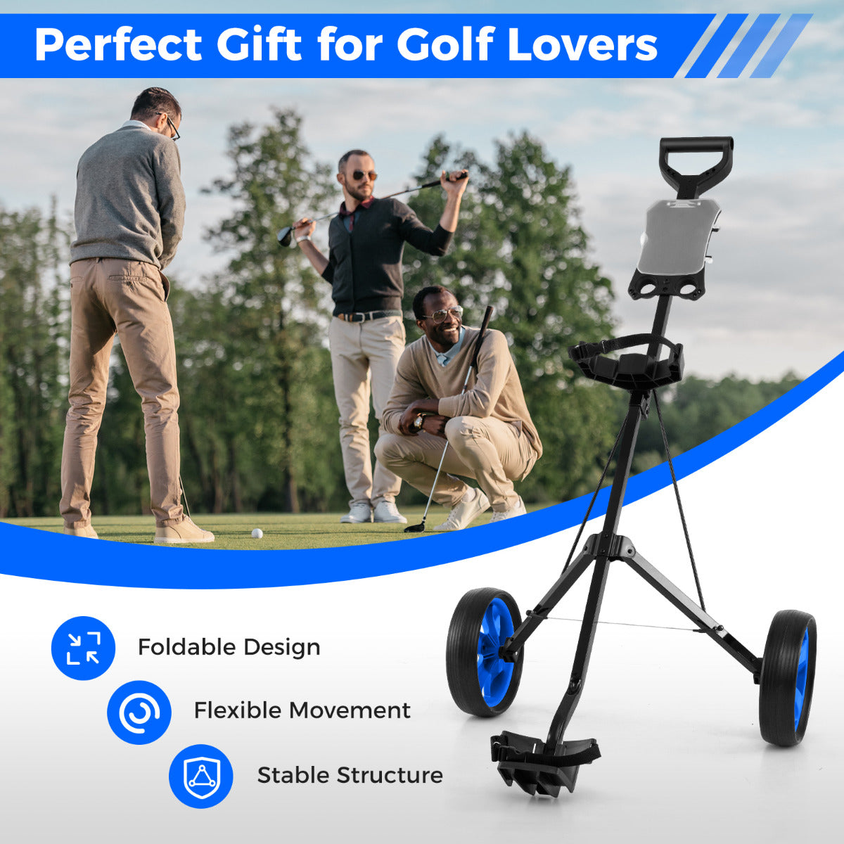 2 Wheel Golf Push Cart with Scorecard Holder and Elastic Strap-Blue