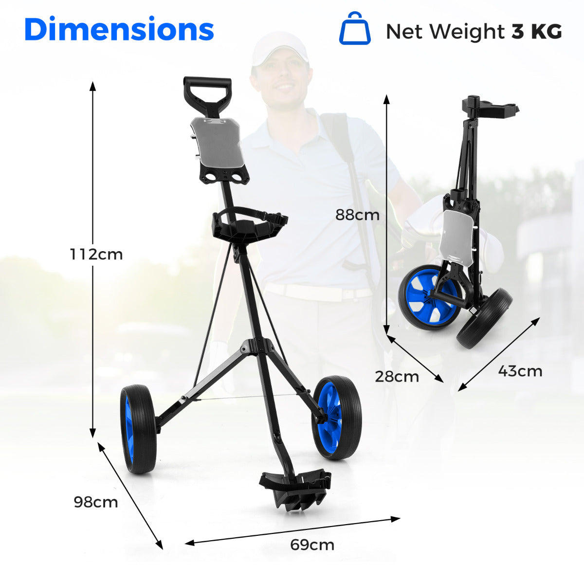 2 Wheel Golf Push Cart with Scorecard Holder and Elastic Strap-Blue