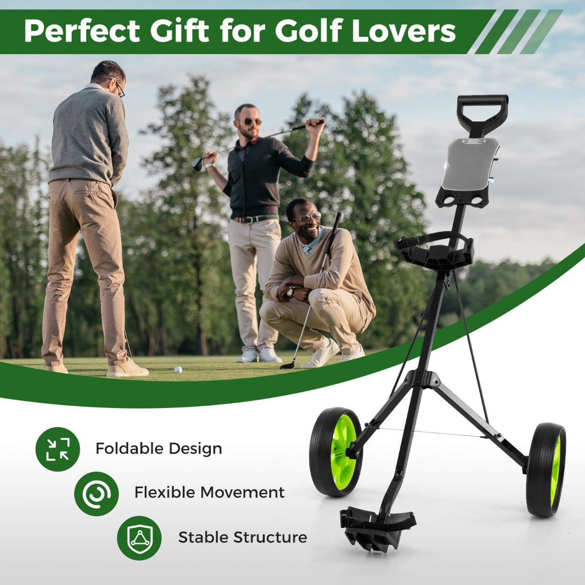 2 Wheel Golf Push Cart with Scorecard Holder and Elastic Strap-Green