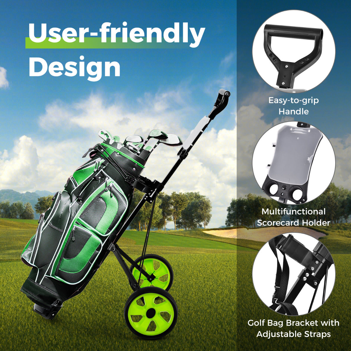2 Wheel Golf Push Cart with Scorecard Holder and Elastic Strap-Green